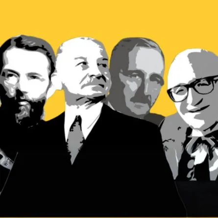 Ilustración de cuatro economistas de la Escuela Austriaca sobre fondo amarillo